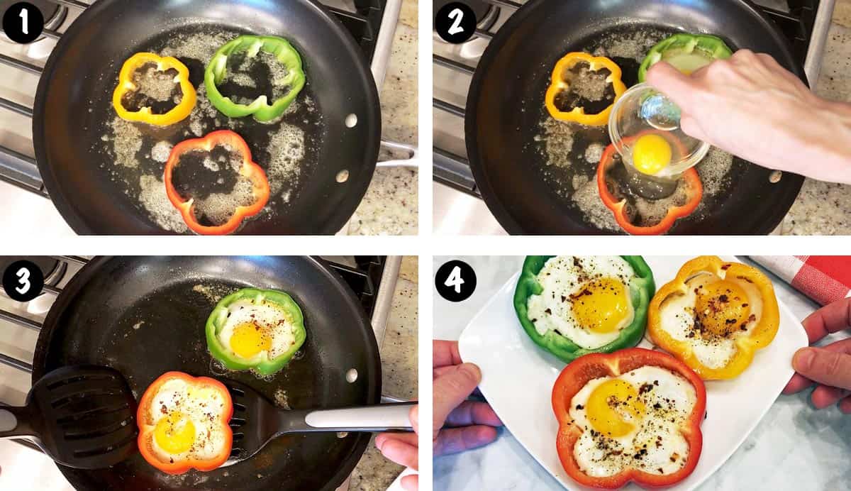 A four-photo collage showing the steps for making bell pepper eggs. 
