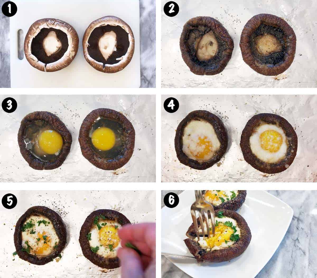 Un collage de seis fotos que muestra los pasos para preparar champiñones para el desayuno. 