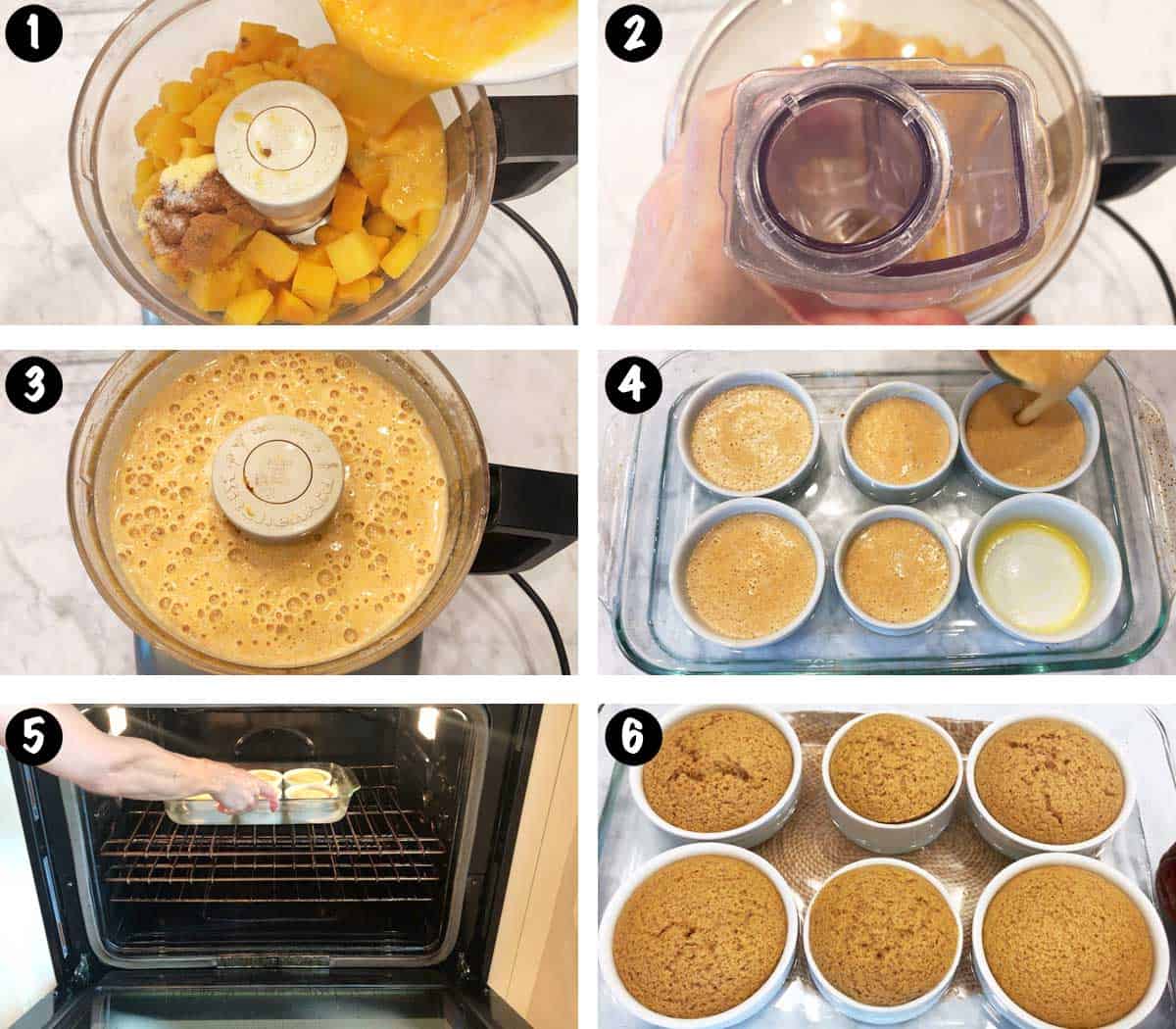 A six-photo collage showing the steps for making a butternut squash souffle. 