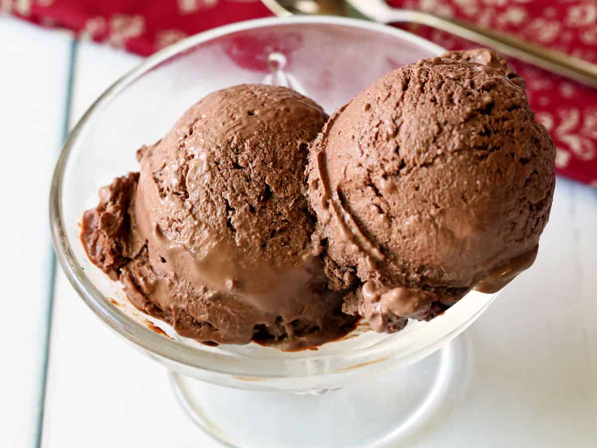 Two scoops of chocolate frozen yogurt served in a glass bowl. 