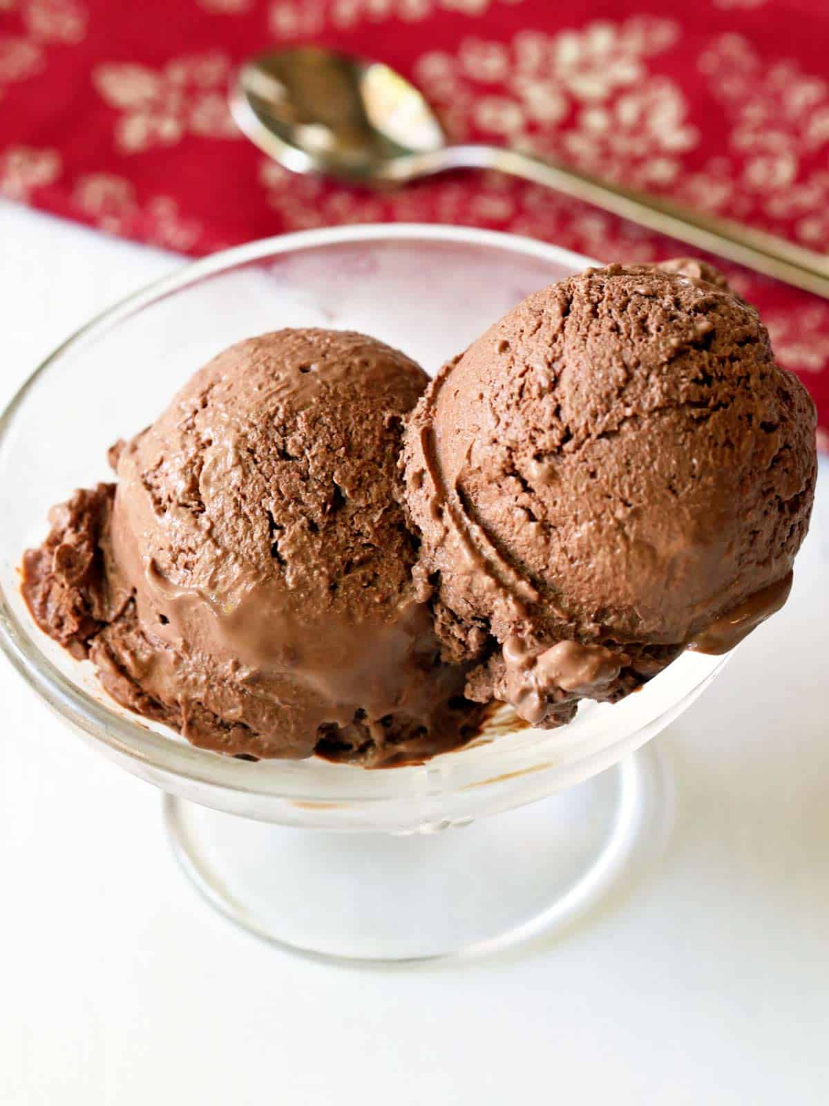 Chocolate frozen yogurt served in a glass bowl. 