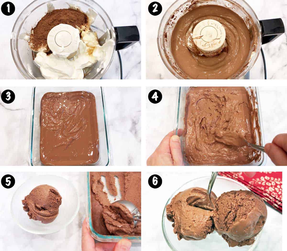 A six-photo collage showing the steps for making chocolate frozen yogurt. 