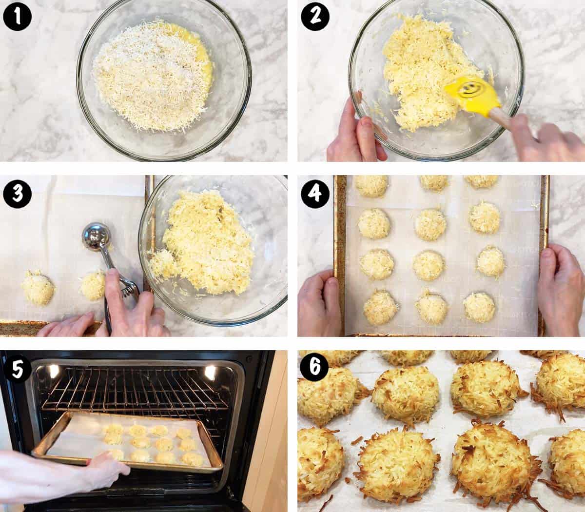 A six-photo collage showing the steps for making coconut macaroons.