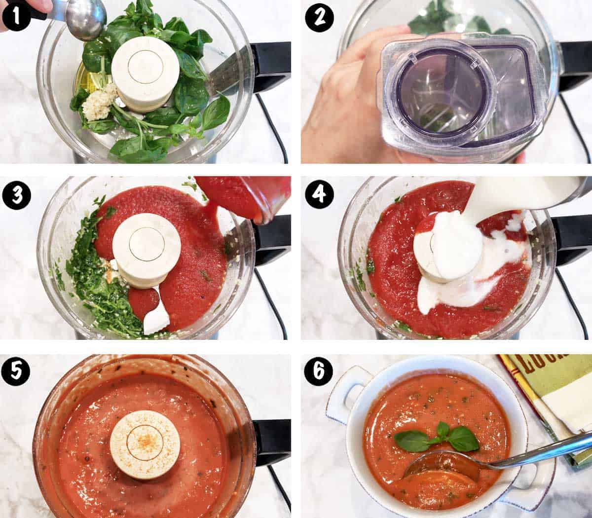 Un collage de seis fotos que muestra los pasos para hacer una sopa de tomate fría. 