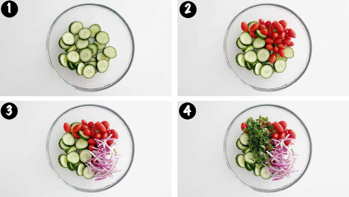 A photo collage showing steps 1-4 for making a tomato cucumber salad. 