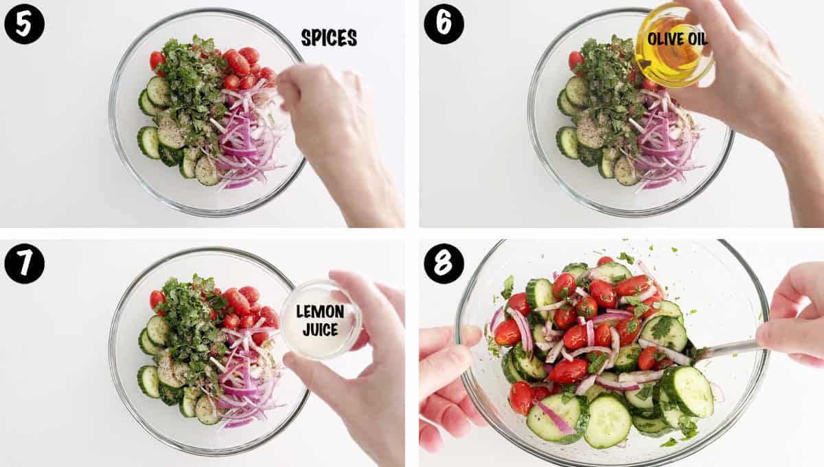 A photo collage showing steps 5-8 for making a tomato cucumber salad. 