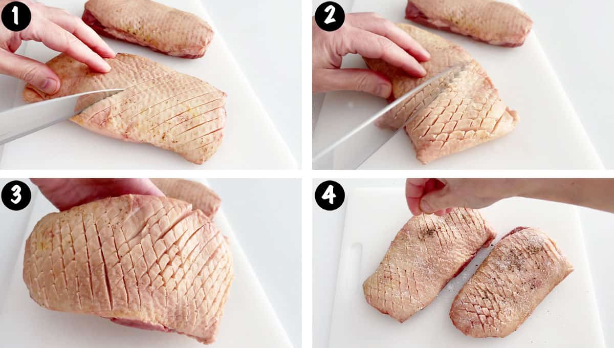A photo collage showing how to score duck breast and season it. 