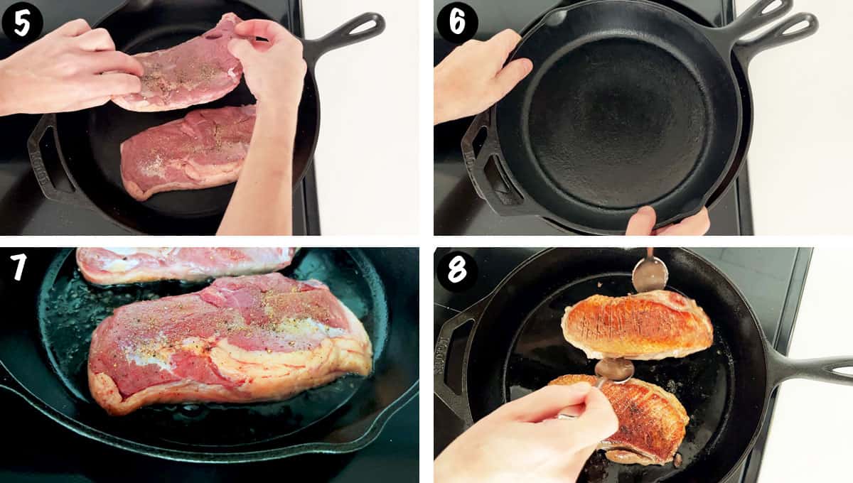A photo collage showing how to fry duck breast in a pan. 