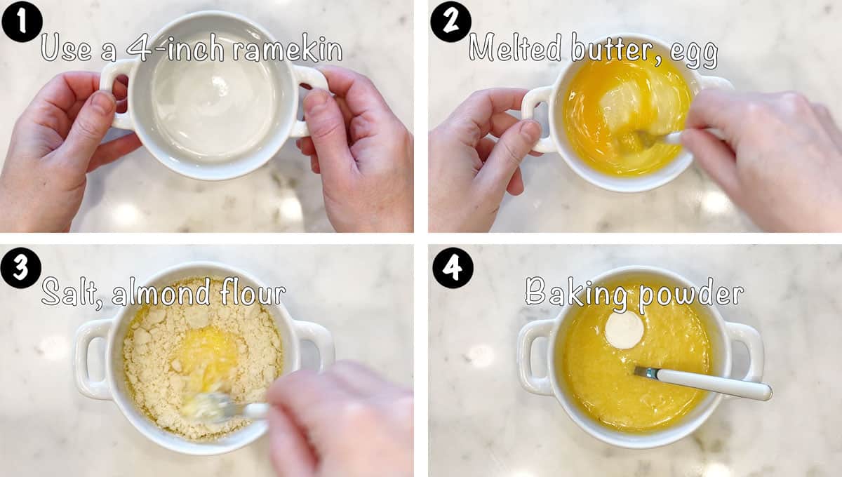 Un collage de fotos que muestra los pasos 1 a 4 para hacer un muffin inglés bajo en carbohidratos. 