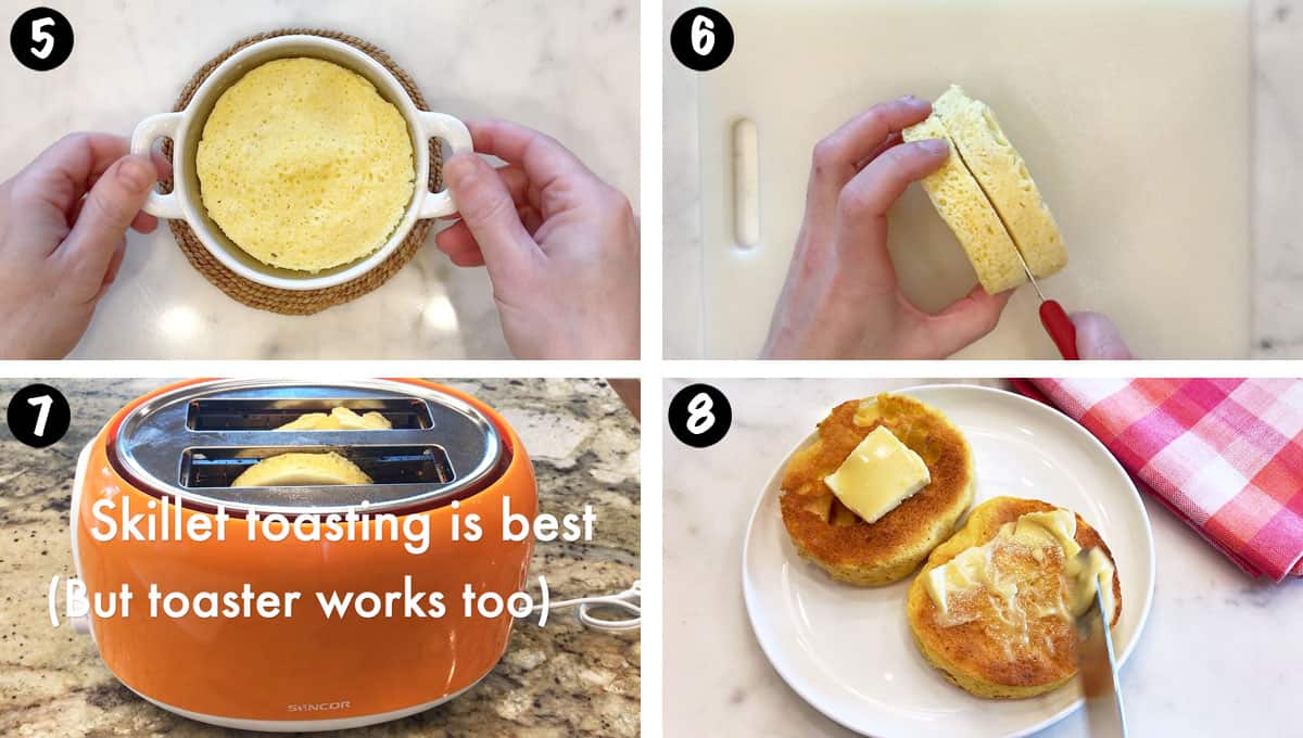 Un collage de fotos que muestra los pasos 5 a 8 para hacer un muffin inglés bajo en carbohidratos. 