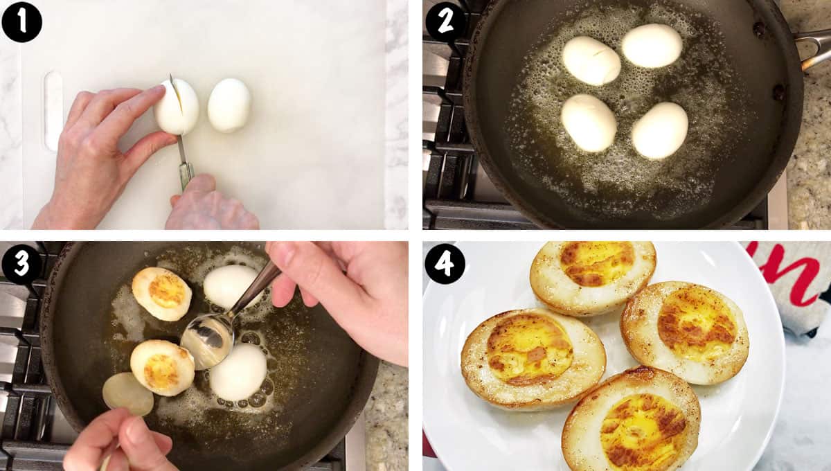 A four-photo collage showing the steps for frying boiled eggs. 