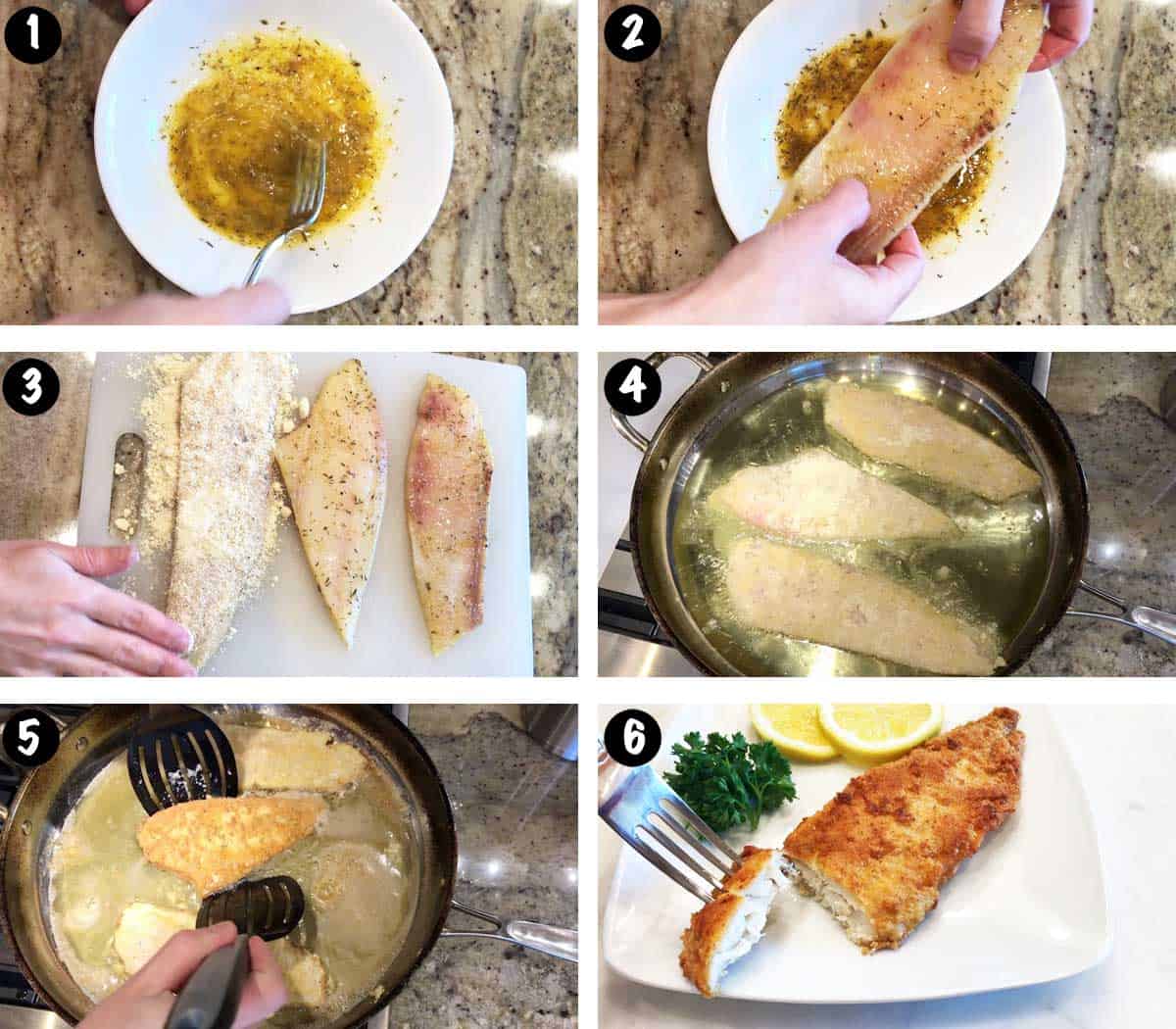 Un collage de seis fotos que muestra los pasos para hacer pescado ceto frito. 