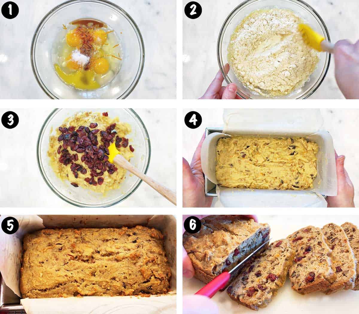 Un collage de seis fotos que muestra los pasos para hornear un pastel de frutas bajo en carbohidratos. 