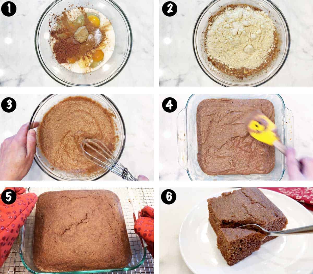 A six-photo collage showing the steps for baking a keto gingerbread.  