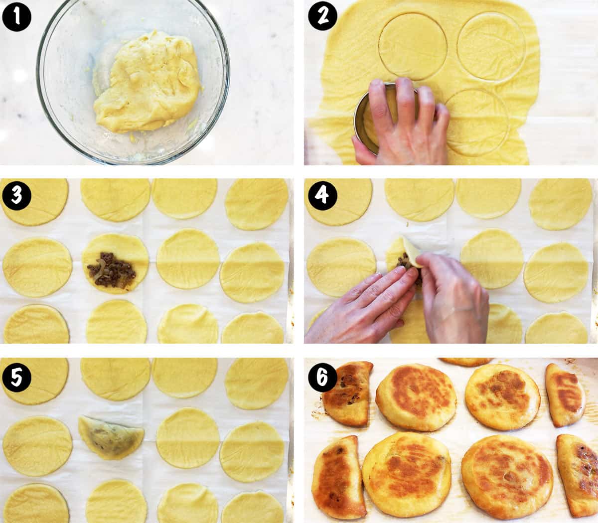 A six-photo collage showing the steps for making keto empanadas. 