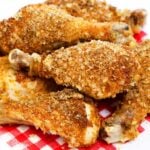 Keto fried chicken is served on top of a red checkered napkin.