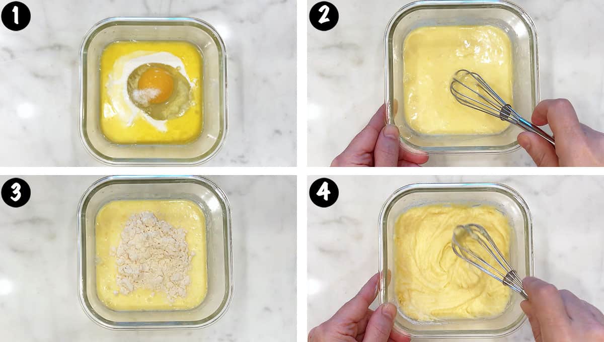 A four-photo collage showing how to make a quick keto microwave bread.