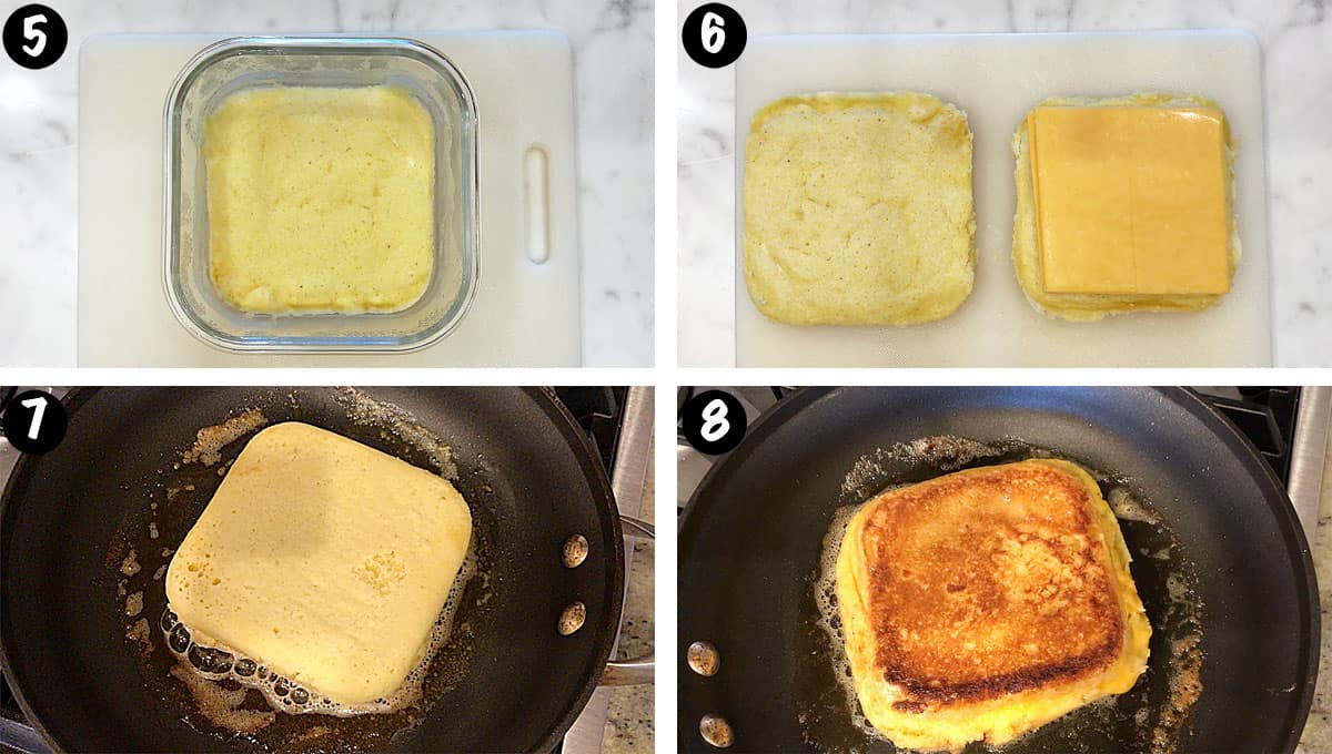 A four-photo collage showing how to assemble and cook keto grilled cheese. 