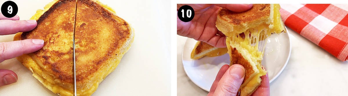 A two-photo collage showing the prepared keto grilled cheese sandwich. 