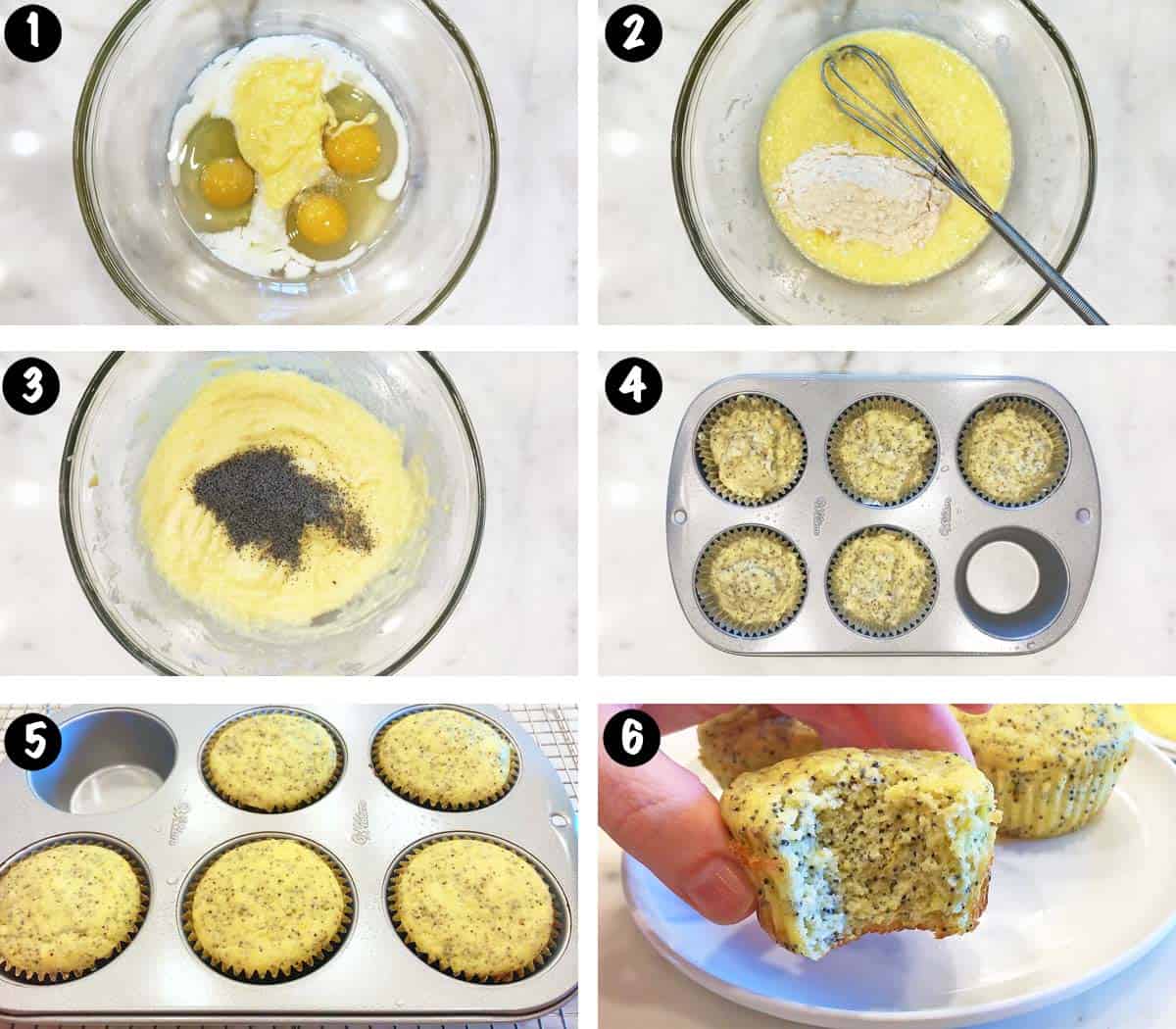 A six-photo collage showing the steps for making keto lemon poppy seed muffins. 