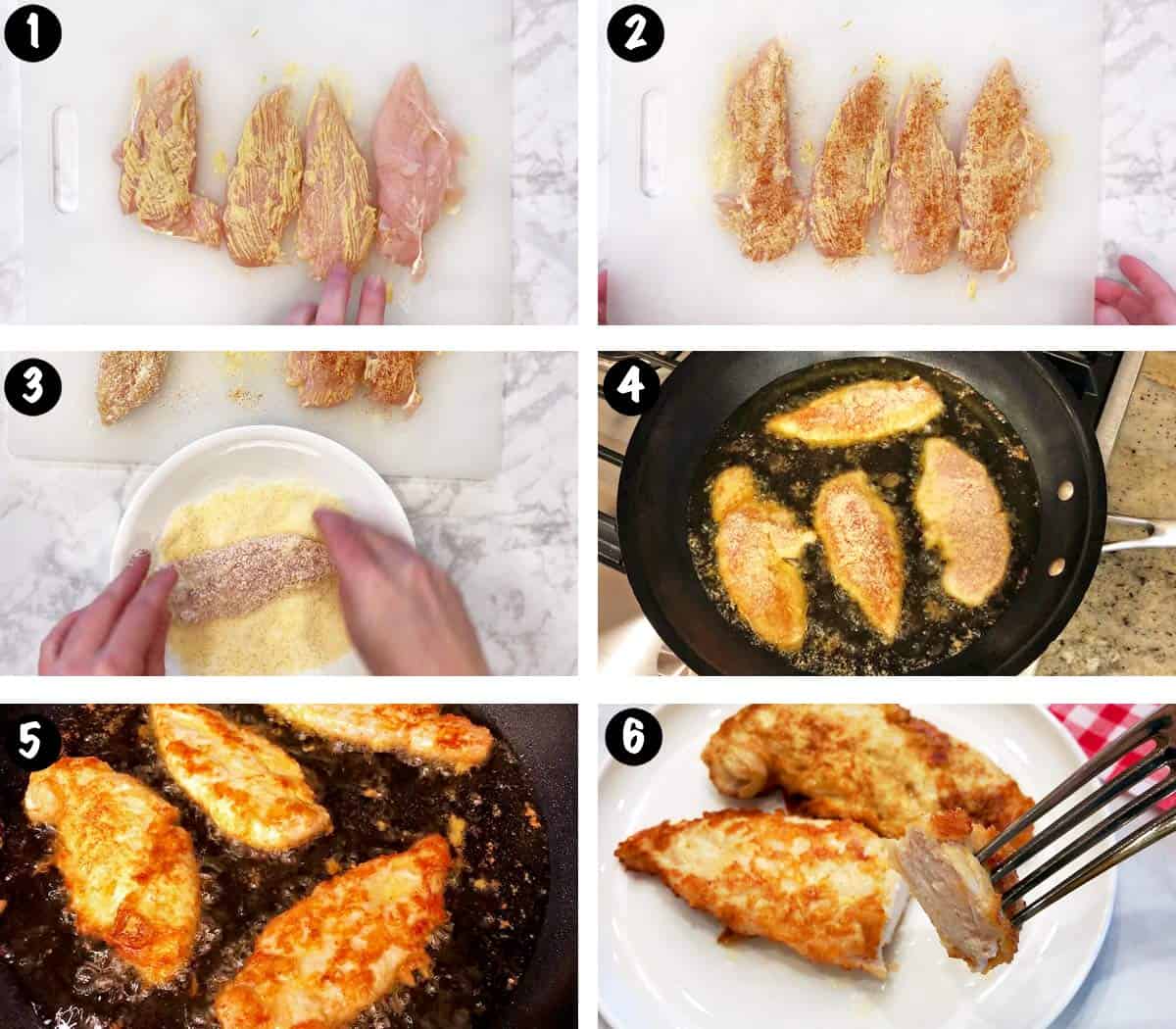 A six-photo collage showing the steps for making keto chicken tenders. 