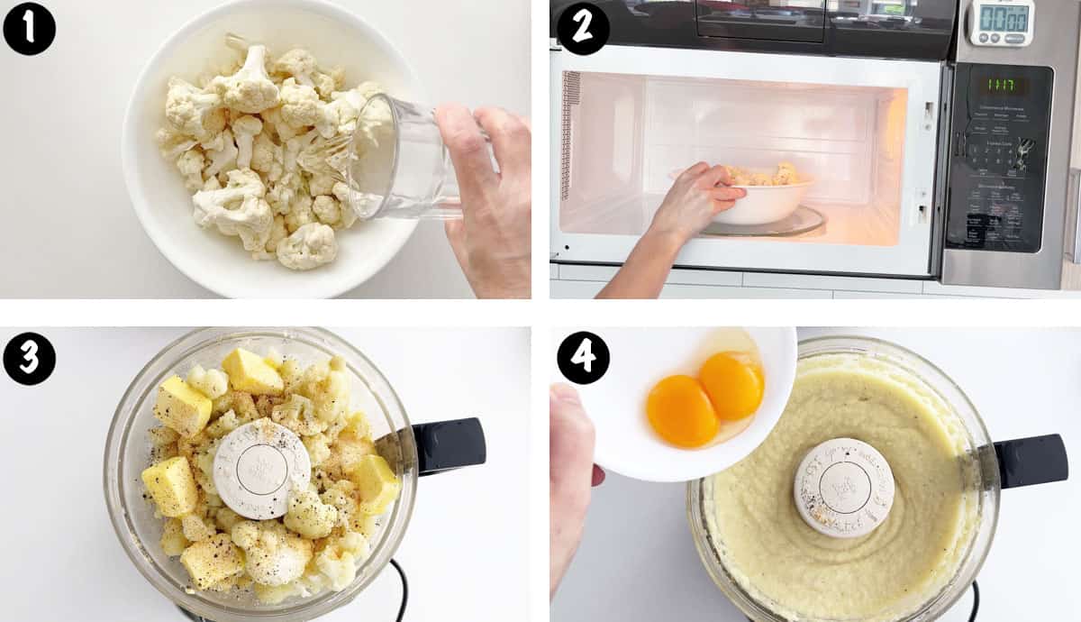 Un collage de fotos que muestra los pasos 1 a 4 para hacer un pastel de carne cetogénica. 