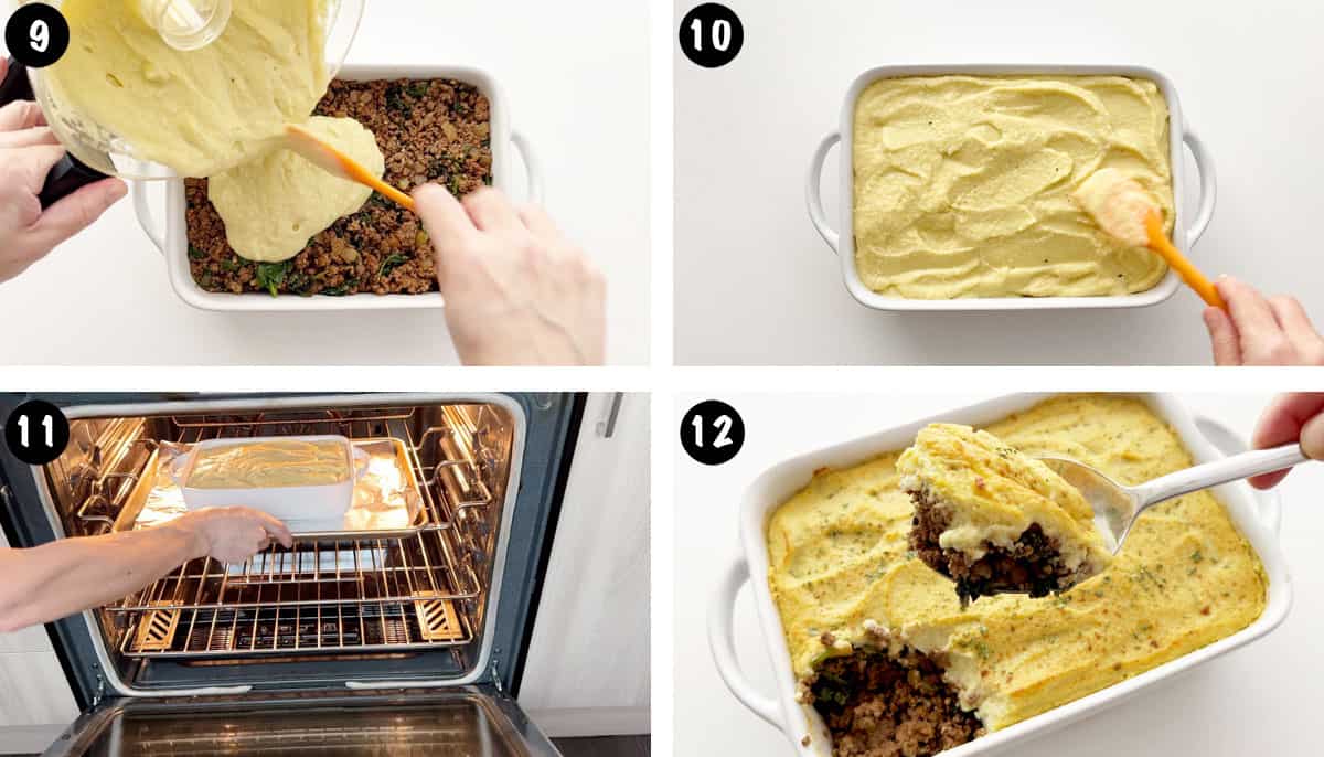 Un collage de fotos que muestra los pasos 9 a 12 para hacer un pastel de carne bajo en carbohidratos. 