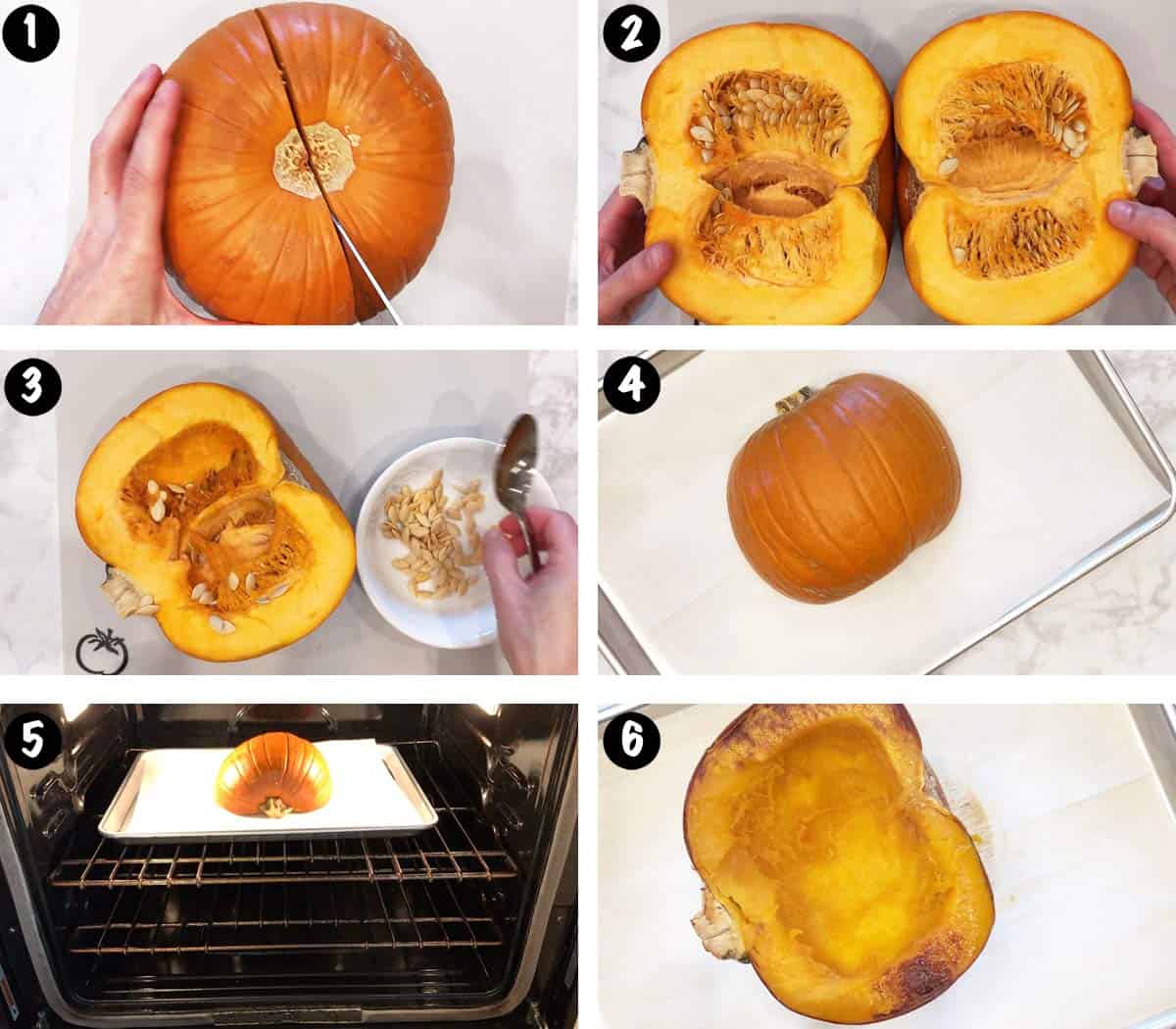 A six-photo collage showing how to bake a pumpkin in the oven. 