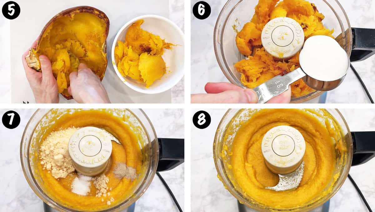 A four-photo collage showing how to make mashed pumpkin. 