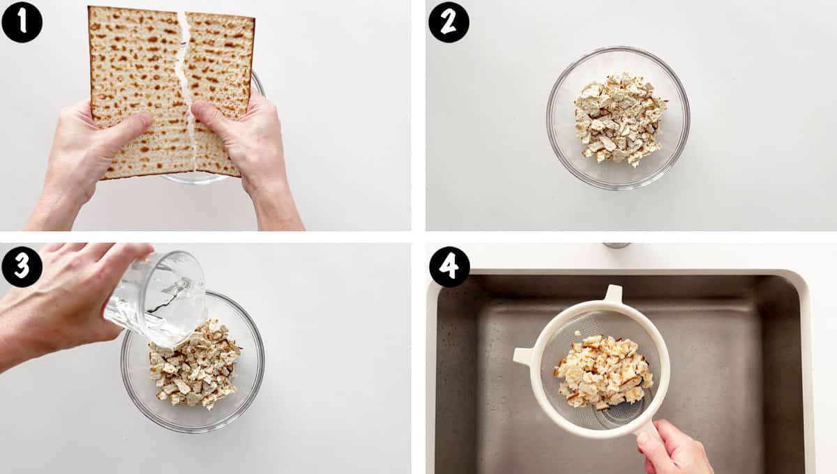 A four-photo collage showing how to soak and drain the matzo. 