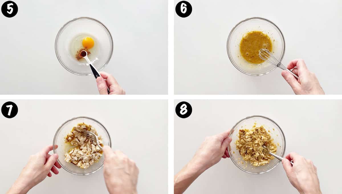 A four-photo collage showing how to mix the batter for matzo brei. 