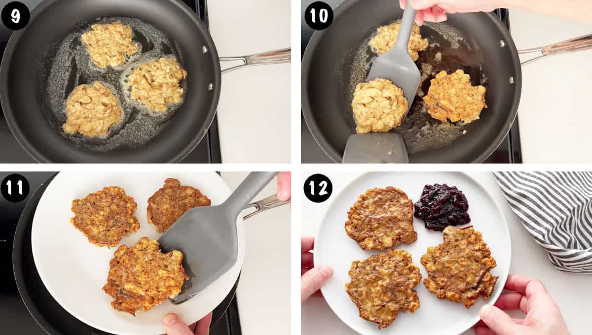 A four-photo collage showing how to cook the matzo brei.  