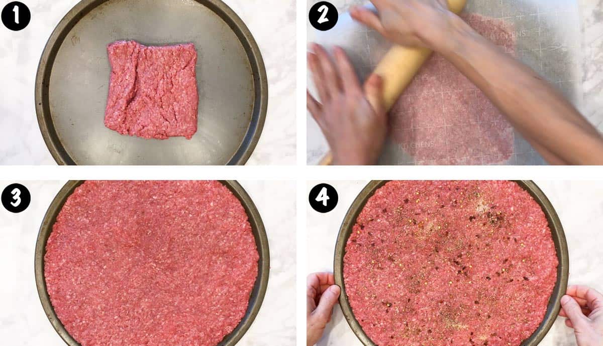 A photo collage showing steps 1-4 for making meatzza. 