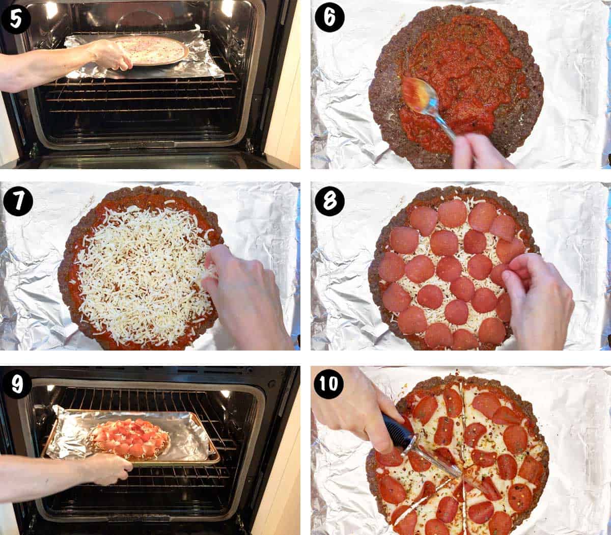 A photo collage showing steps 6-10 for making meatza. 