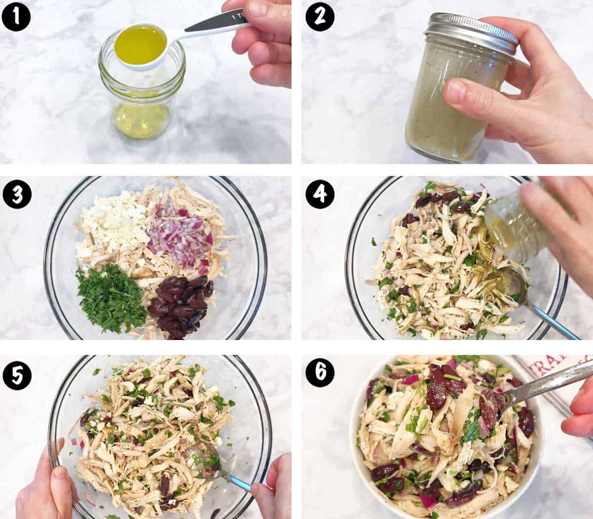 Un collage de seis fotos que muestra los pasos para hacer una ensalada de pollo sin mayonesa. 