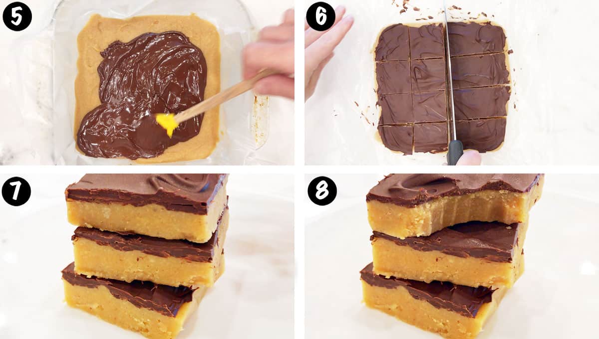 Un collage de fotos que muestra los pasos 5 a 8 para hacer barras cetogénicas de mantequilla de maní. 