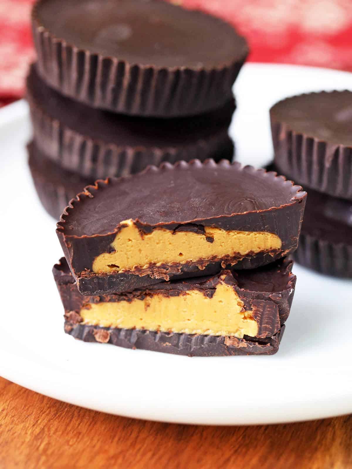 Keto peanut butter cups served on a white plate. 