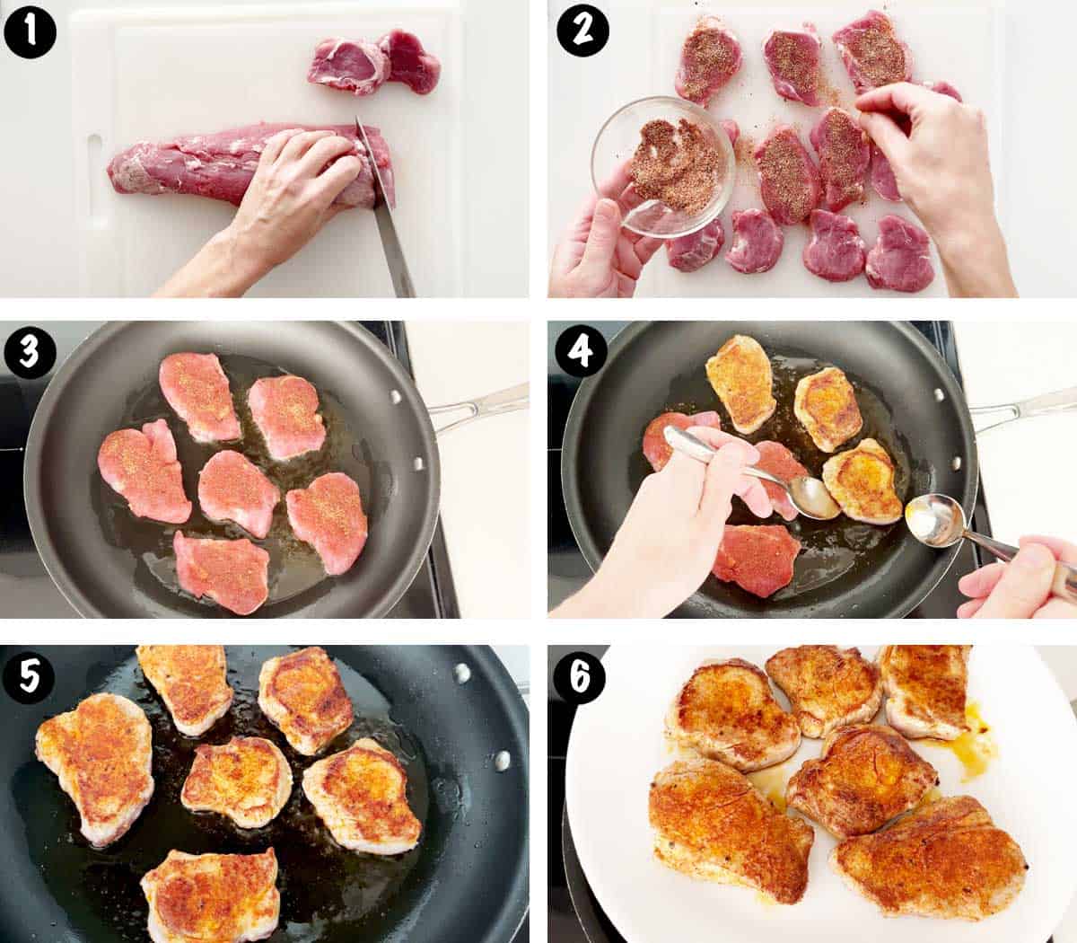 A six-photo collage showing the steps for cooking pork medallions. 