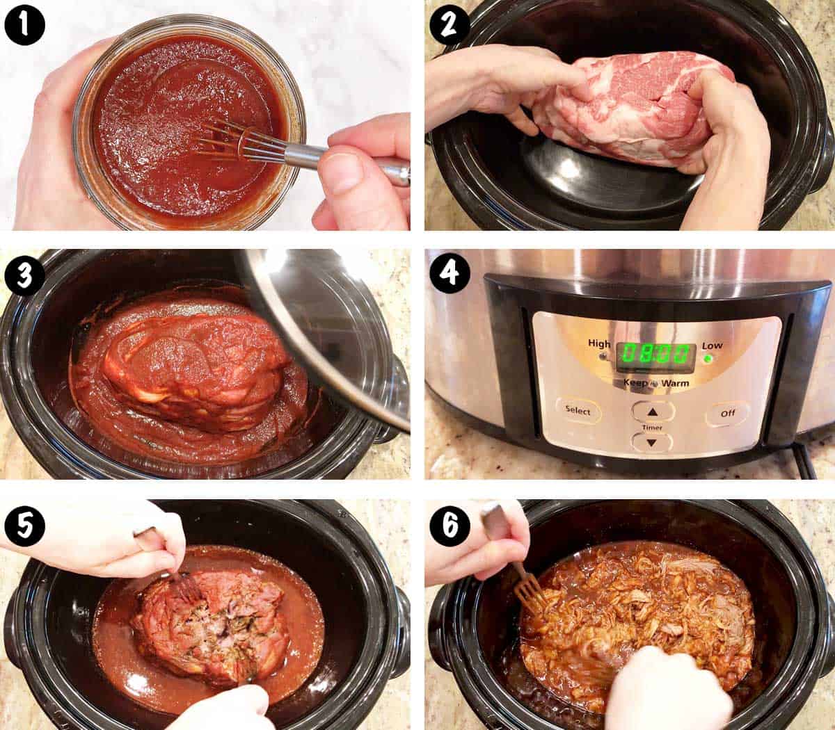 A six-photo collage showing the steps for making a slow cooker pulled pork. 