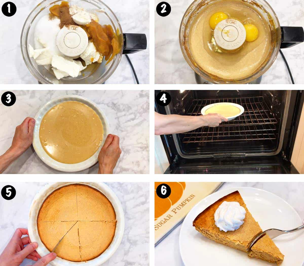 Un collage de seis fotos que muestra los pasos para hacer un pastel de queso cetogénico con calabaza. 