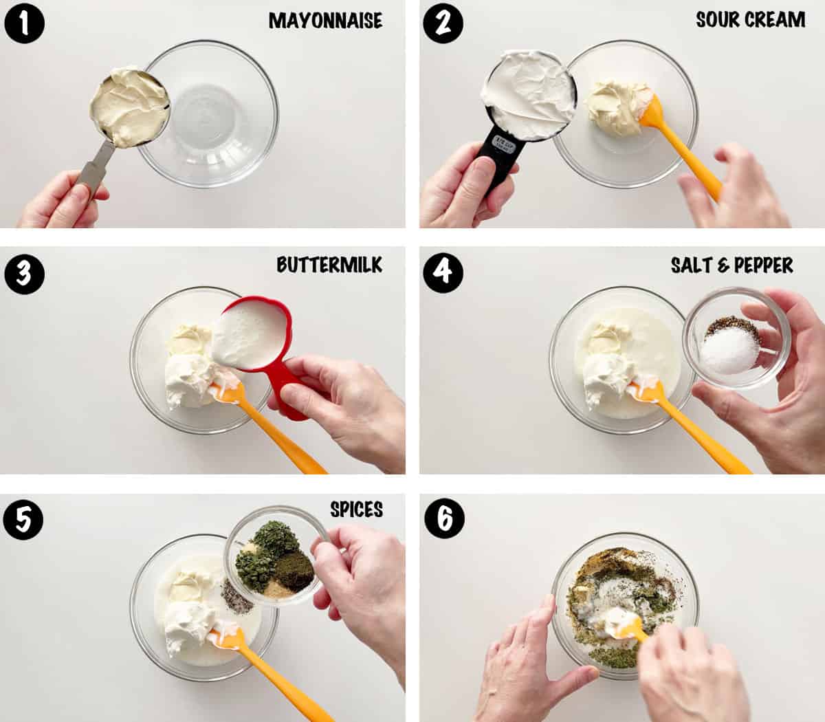 A photo collage showing steps 1-6 for making homemade ranch dressing. 