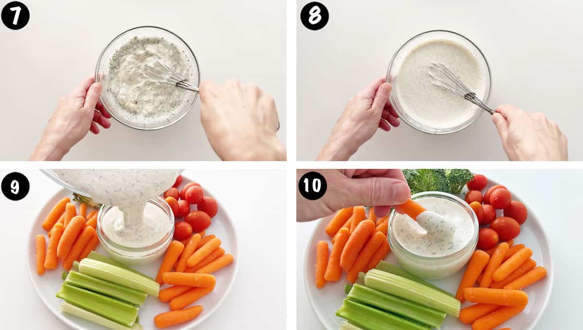 A photo collage showing steps 7-10 for making ranch dressing. 