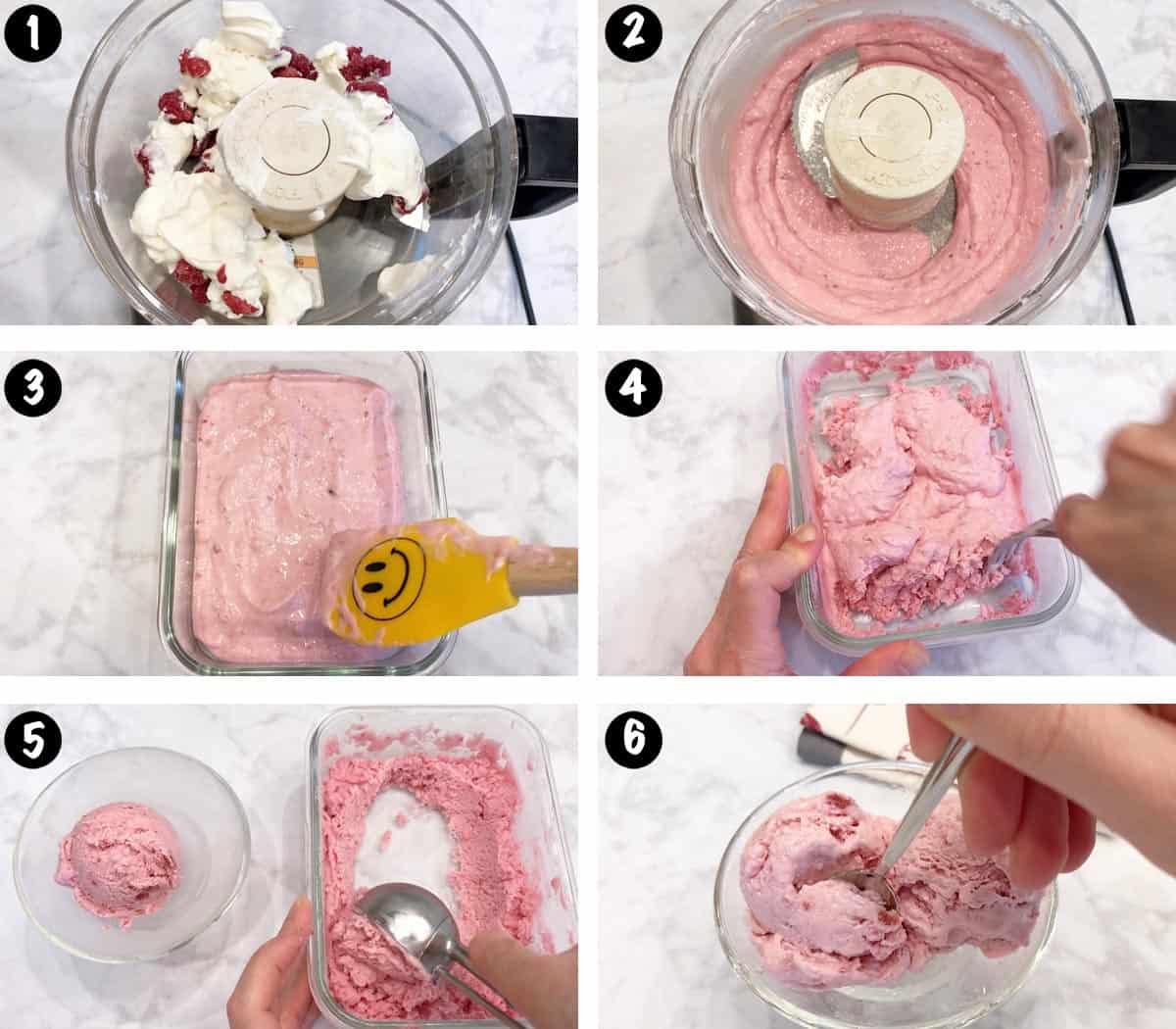A six-photo collage showing the steps for making raspberry frozen yogurt. 