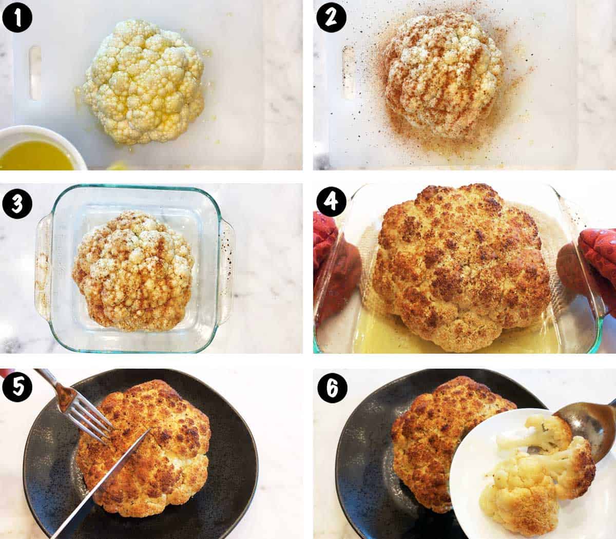 A six-photo collage showing the steps for roasting a cauliflower head.  
