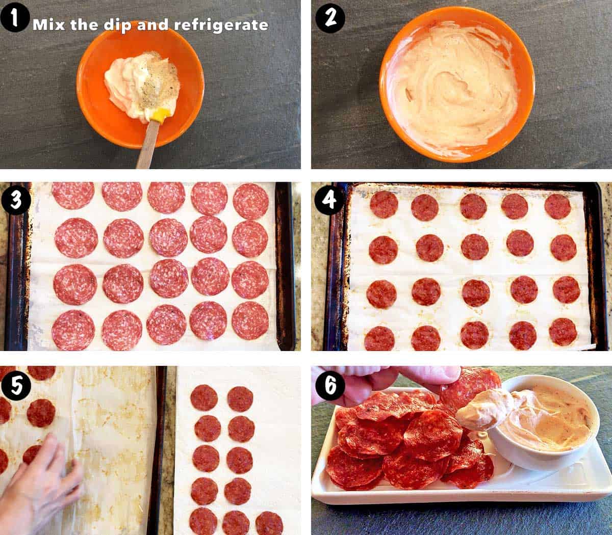 A six-photo collage showing the steps for making salami chips. 