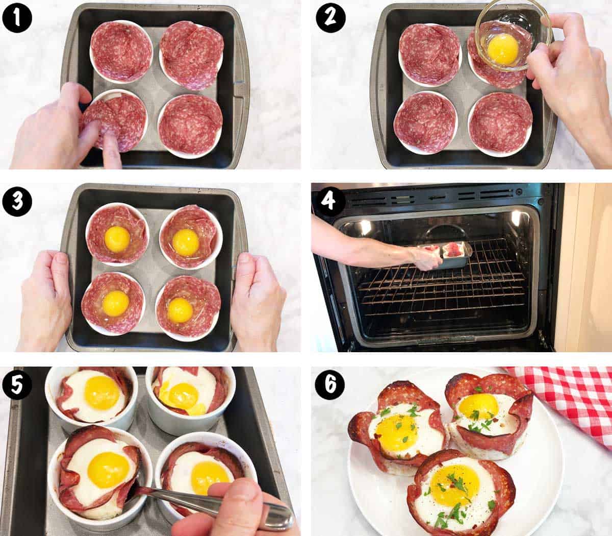 A six-photo collage showing the steps for making salami and egg cups. 