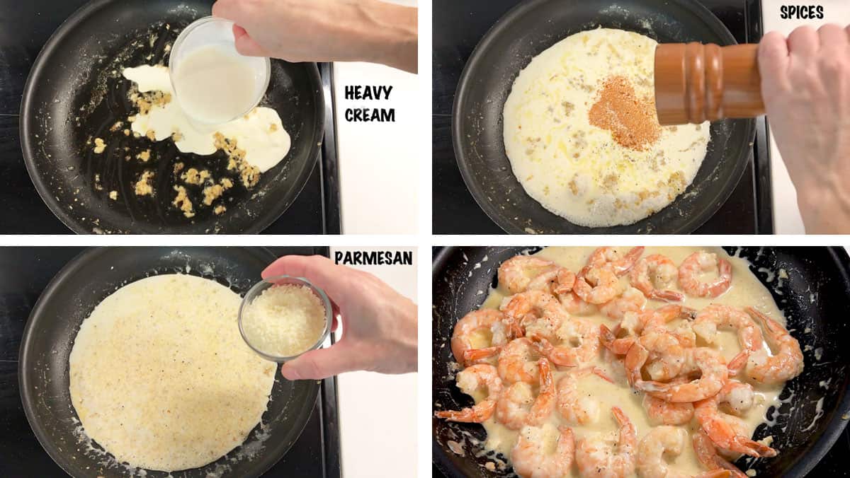 A photo collage showing steps 5-8 for making shrimp in cream sauce. 