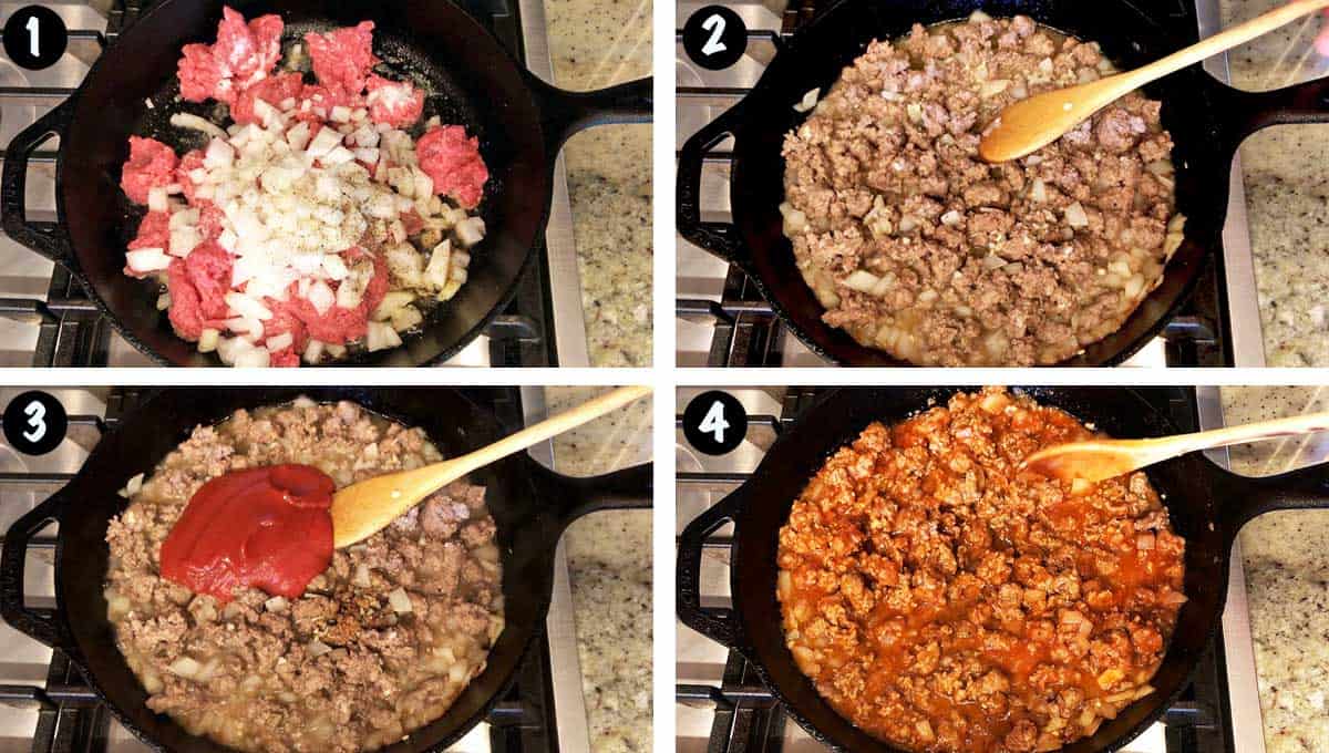 A four-photo collage showing the steps for making low-carb sloppy joes. 