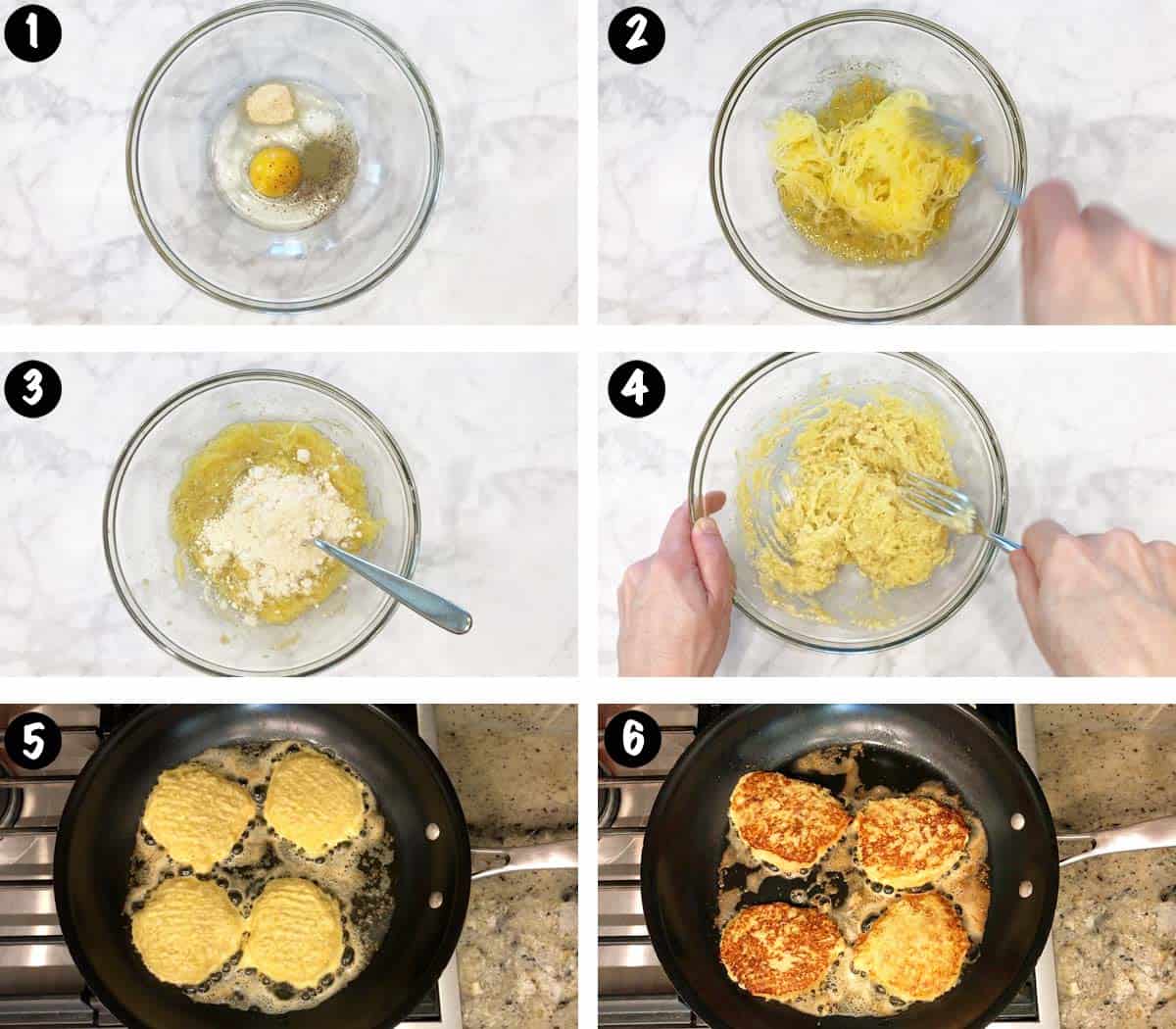 Un collage de seis fotos que muestra los pasos para hacer buñuelos de calabaza espagueti.
