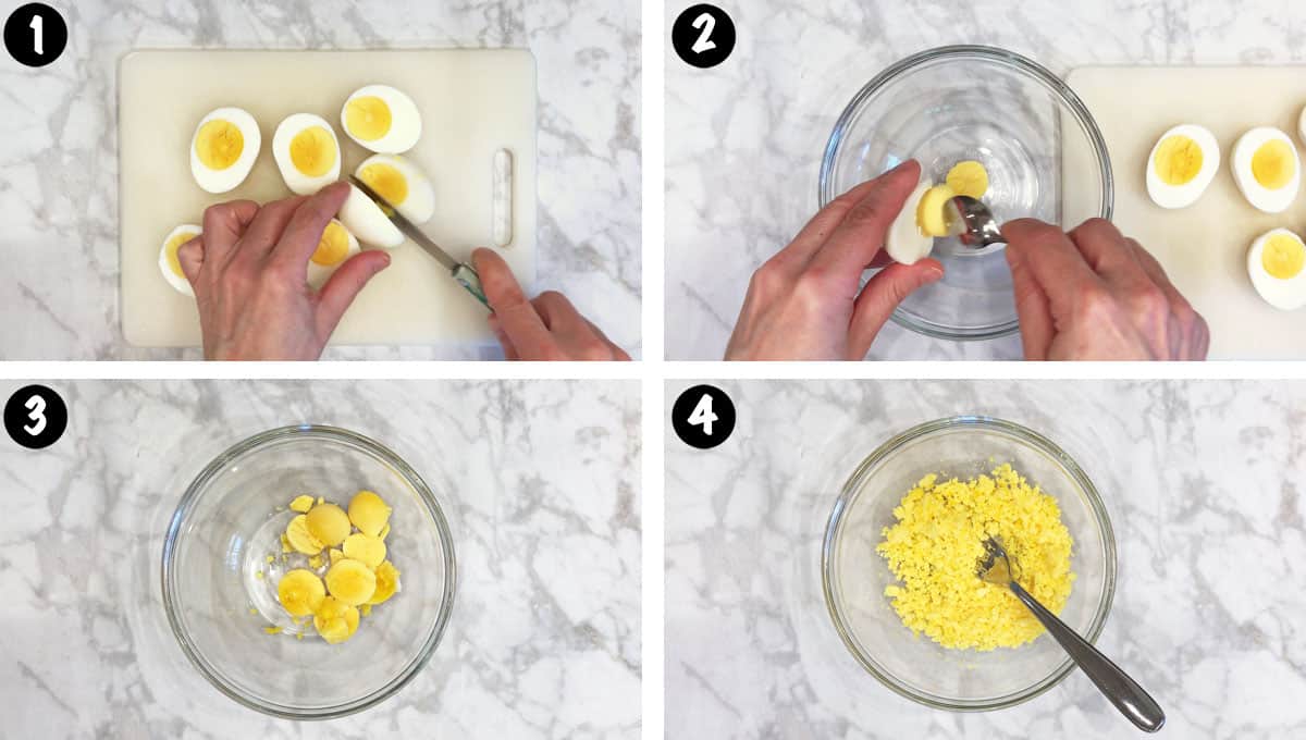 Un collage de fotos que muestra los pasos 1-4 para hacer huevos rellenos picantes. 